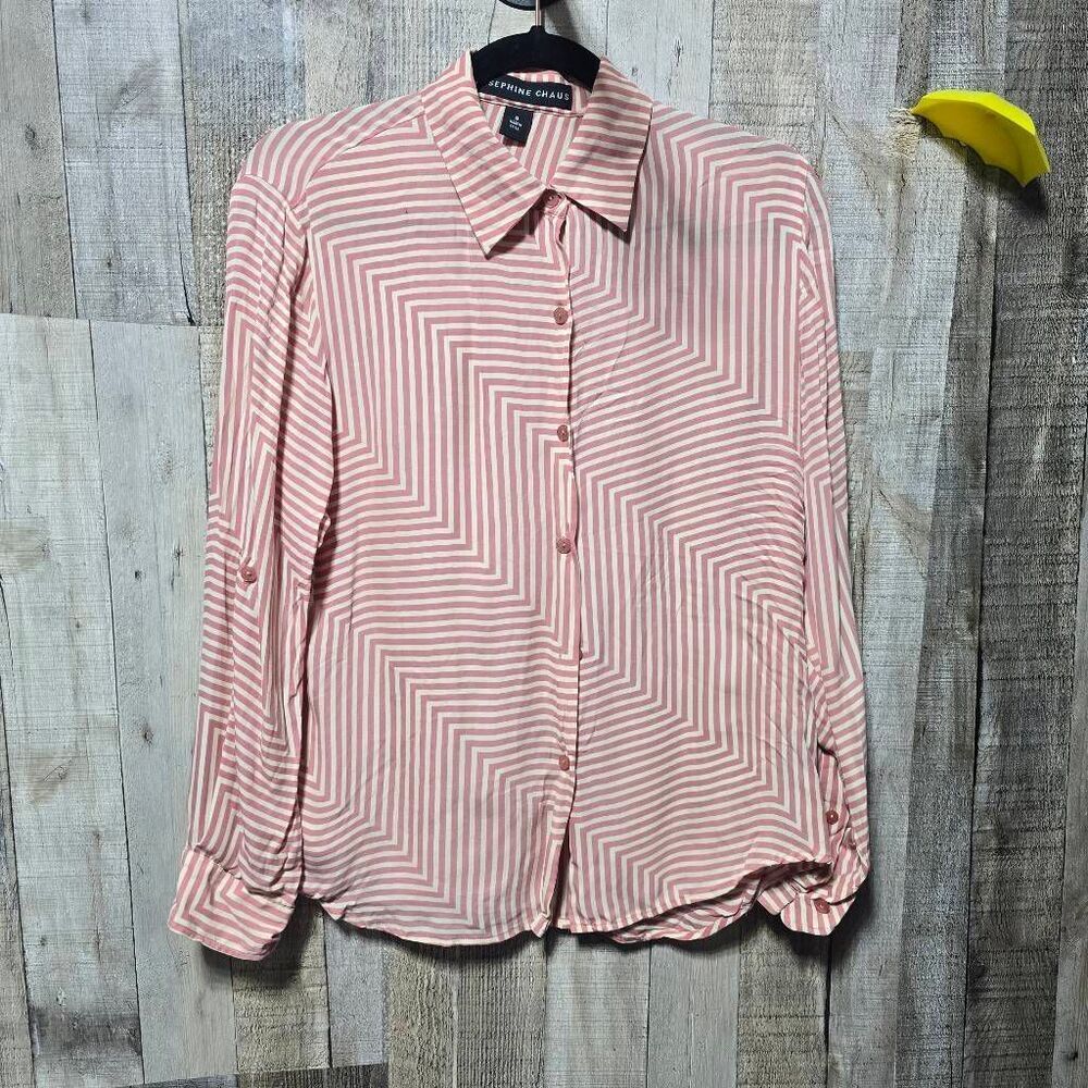 Josephine Chaus Pink Cream Stripe Silk Button Up Shirt 8 Designer Luxury Office